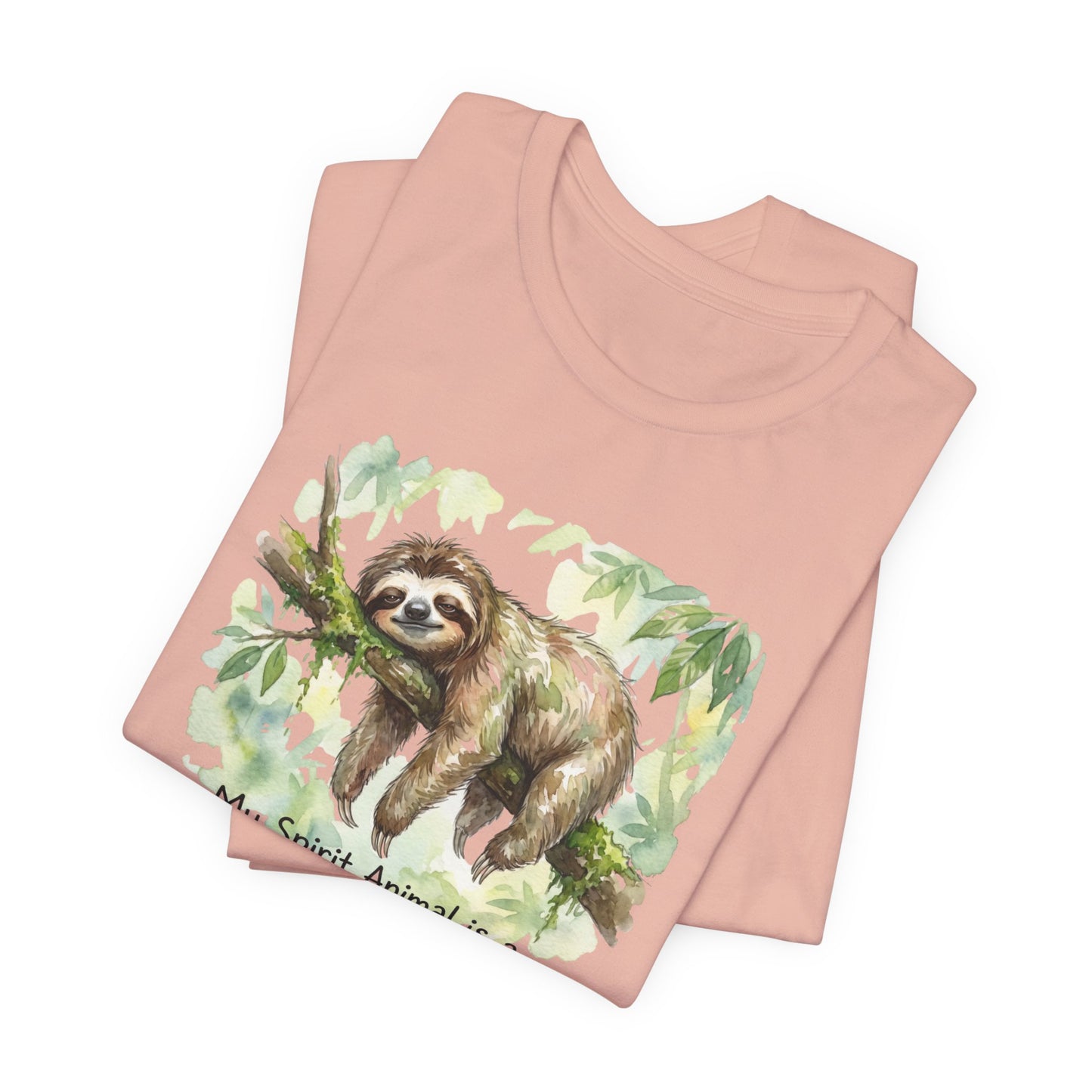 Pink t-shirt with watercolor sloth on a branch graphic.