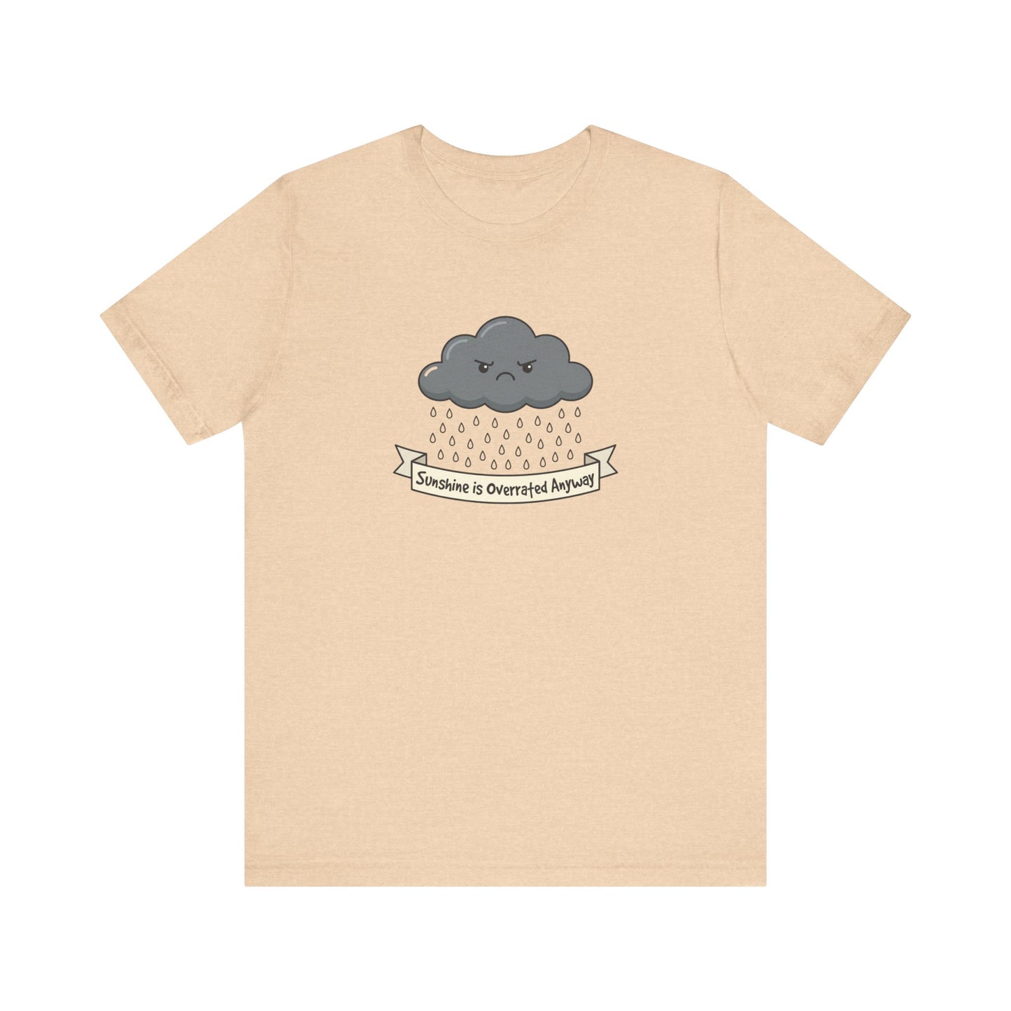 Gray cartoon cloud with a frowning face, raining, above text banner.