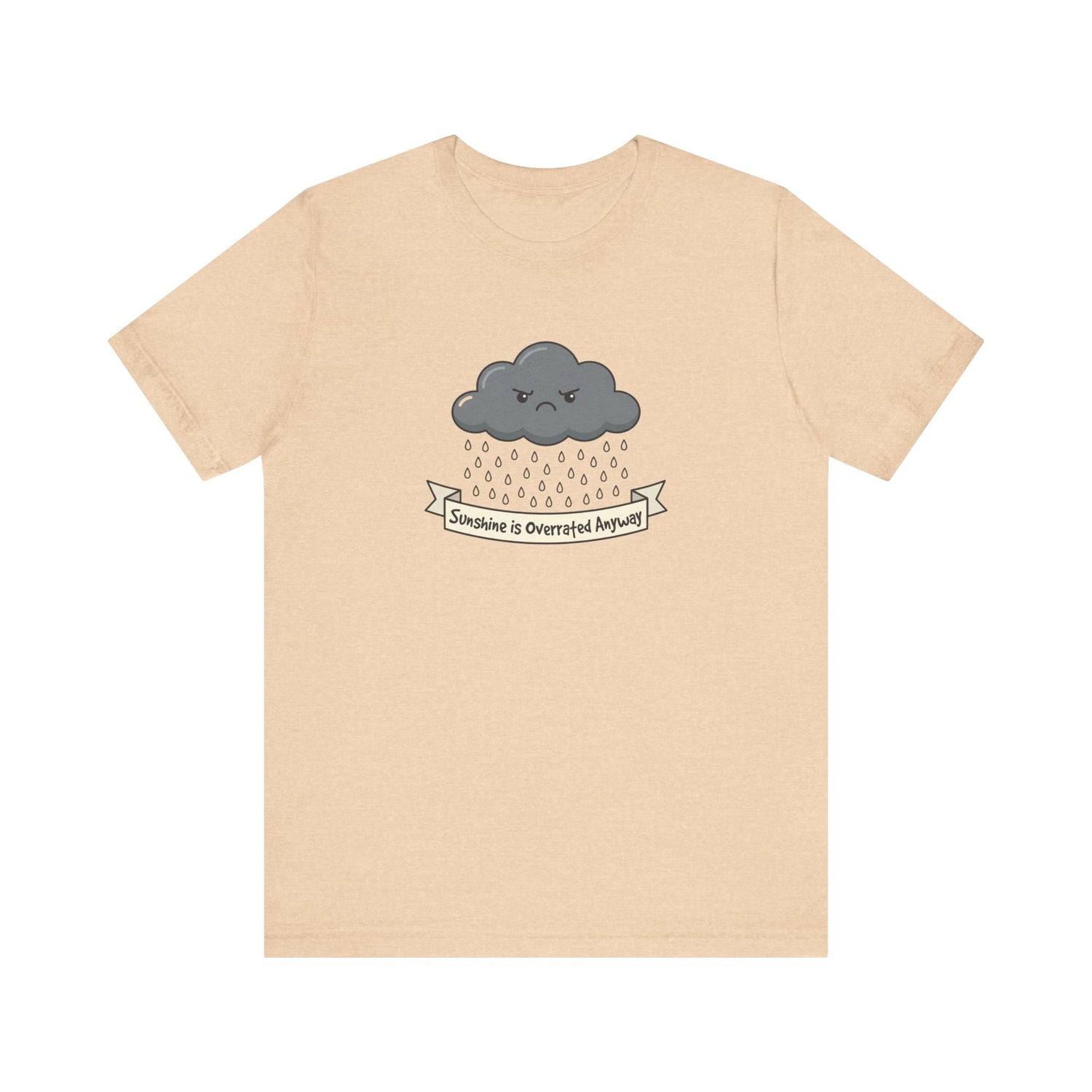 Gray cartoon cloud with a frowning face, raining, above text banner.