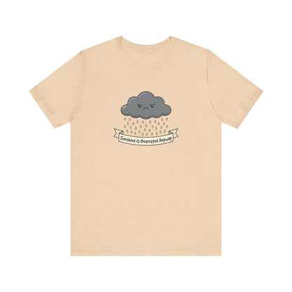 Gray cartoon cloud with a frowning face, raining, above text banner.