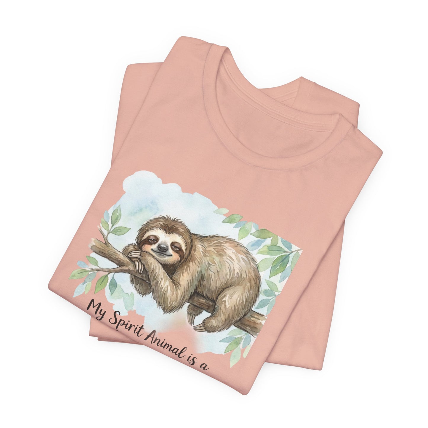 T-shirt with a watercolor painting of a sloth on a branch.