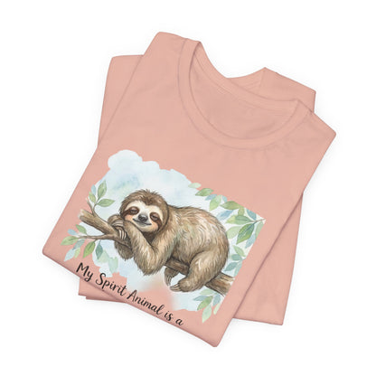 T-shirt with a watercolor painting of a sloth on a branch.