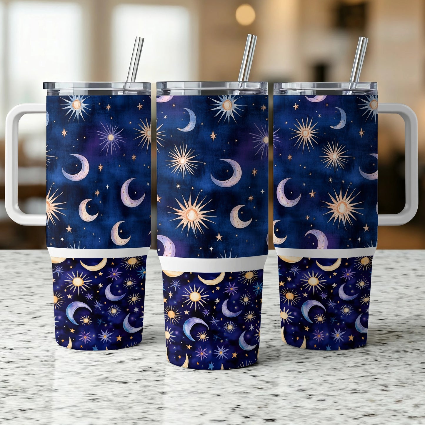 Celestial Pattern Tumbler Cups, Moon and Stars, Insulated Travel Mug, Navy Blue, Reusable Drinkware, Stainless Steel with Straw