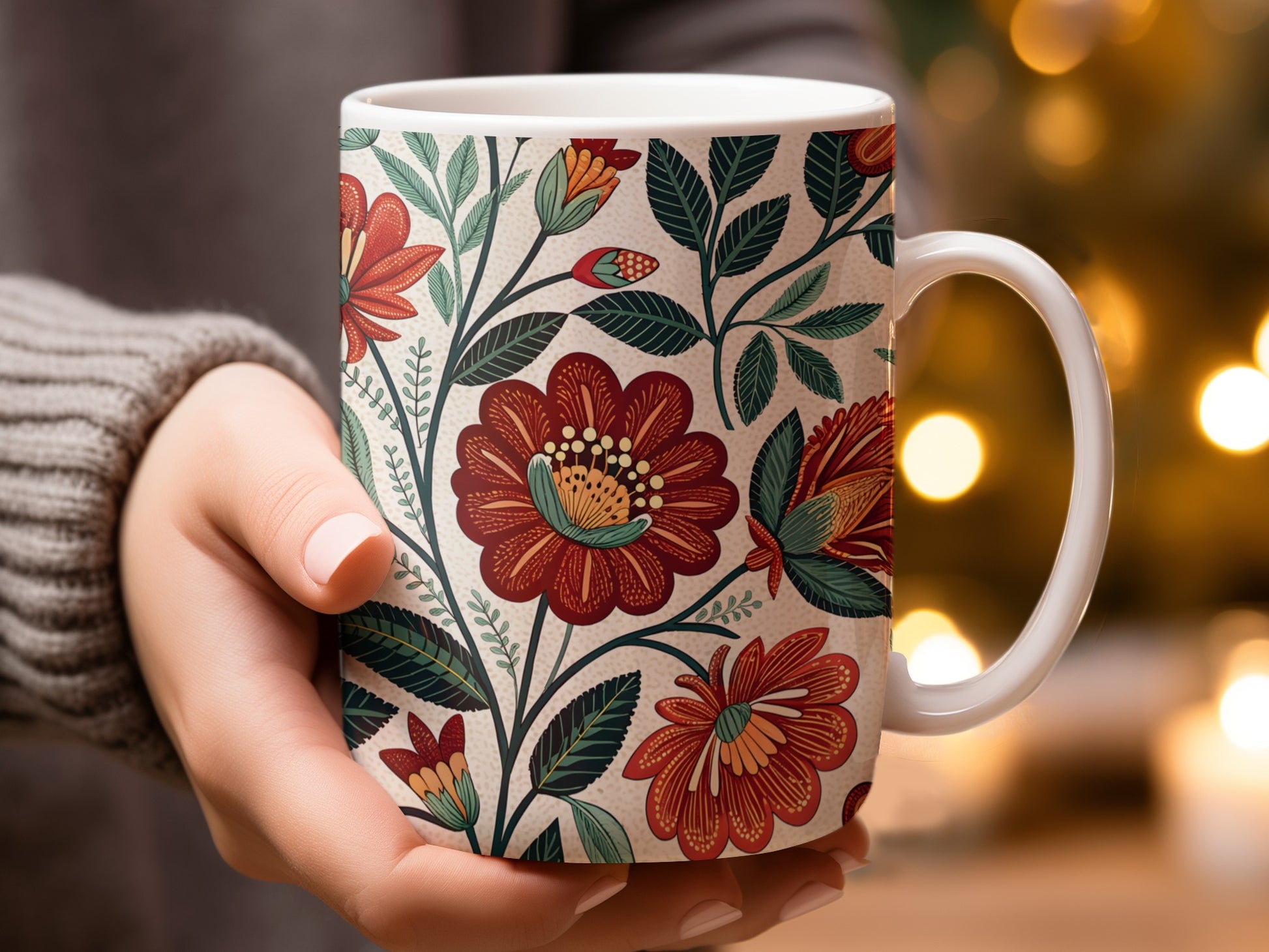 Hand Holding Mug with Vibrant Floral Design Mug Product