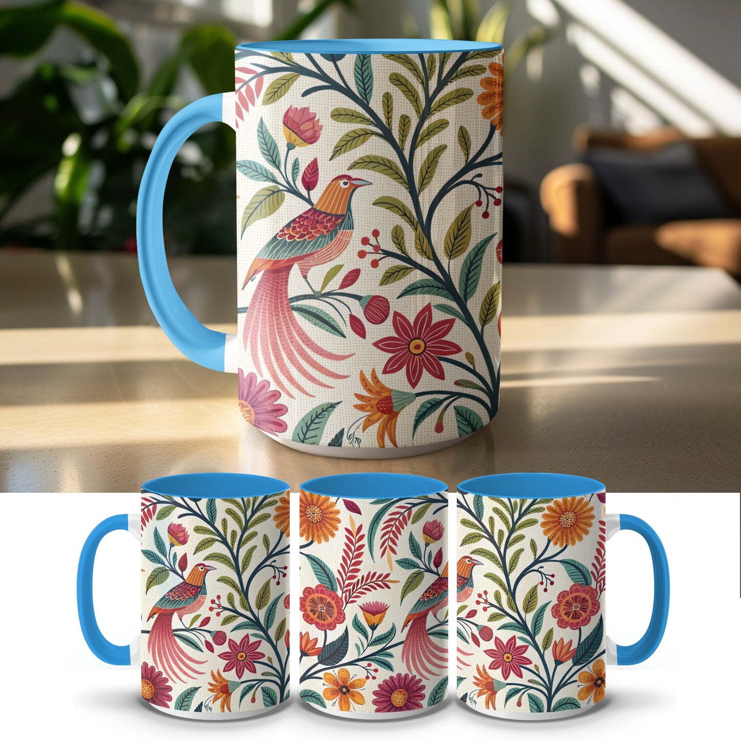 Colorful Bird and Floral Design Coffee Mug product