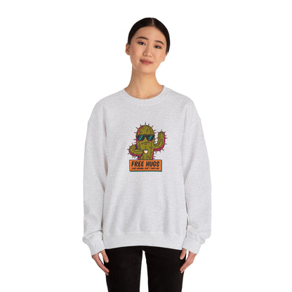 Gray crewneck sweatshirt with a cartoon cactus wearing sunglasses and a sign.