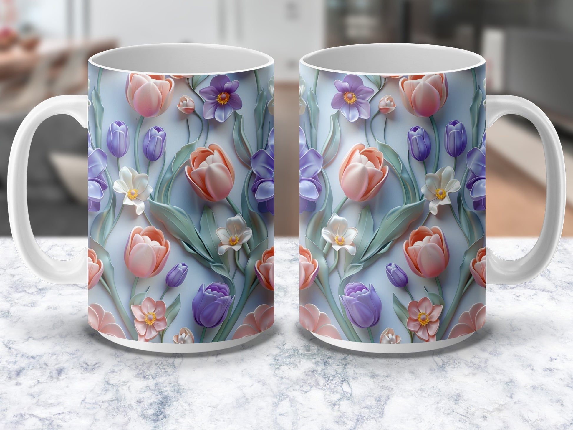Floral Coffee Mug Set, Tulips and Spring Flowers Design, Ceramic Tea Cups, Perfect Gift Idea