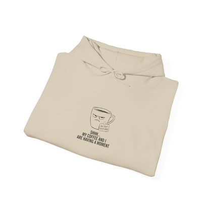 Cream hoodie with "SHHH... MY COFFEE AND I ARE HAVING A MOMENT" graphic.