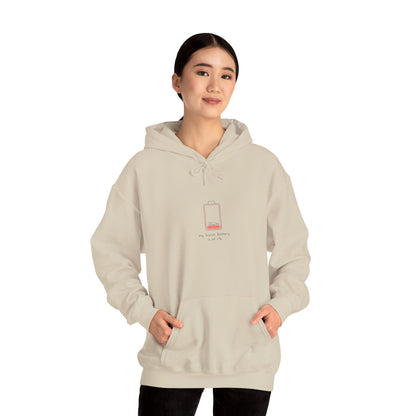 Cream hoodie with "My Social Battery is at 1%" graphic.
