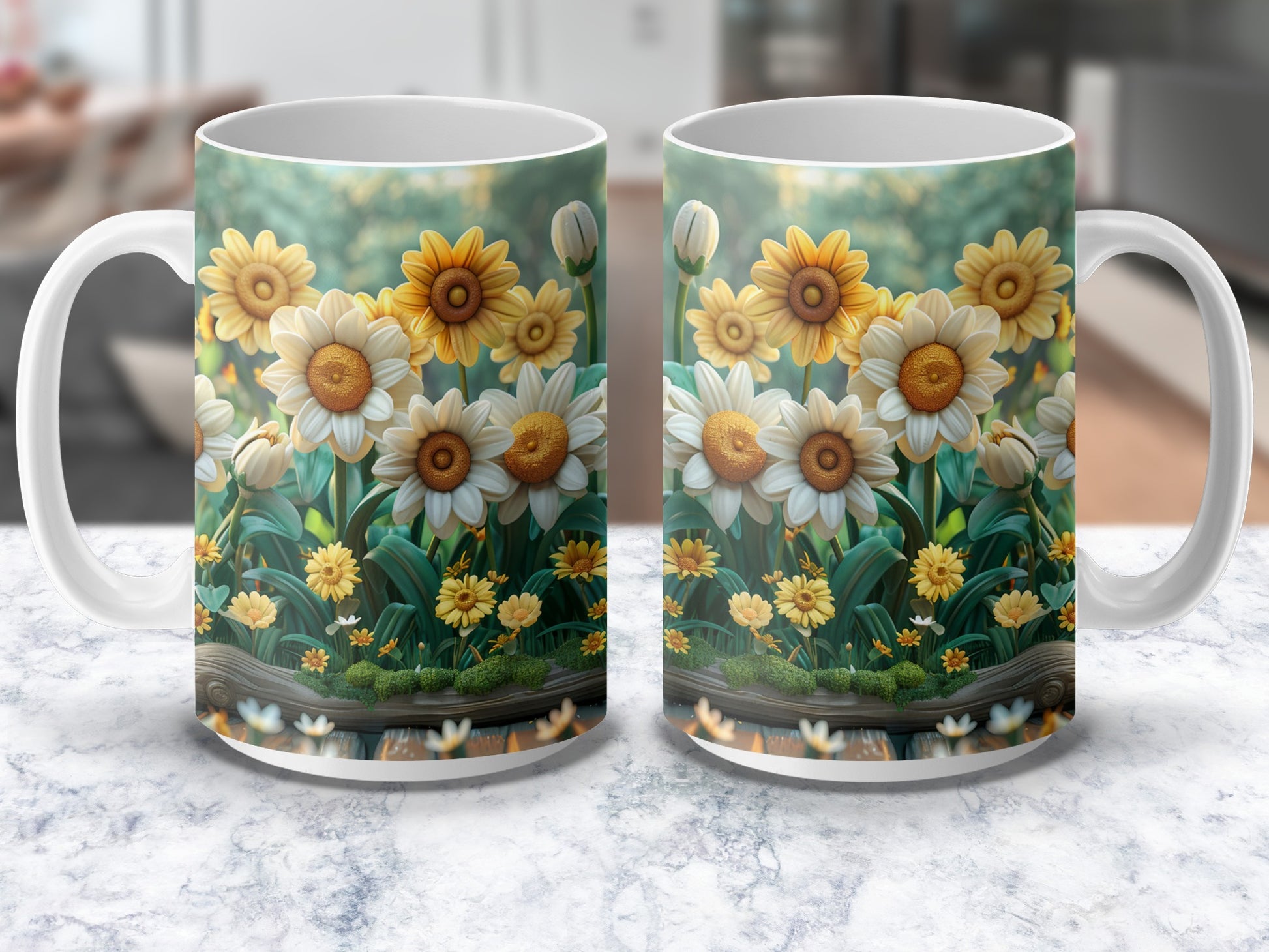 Floral Coffee Mug, Daisy and Sunflower Garden Design, Ceramic Cup, Spring Flowers Tea Mug, Gift Idea, Home Decor
