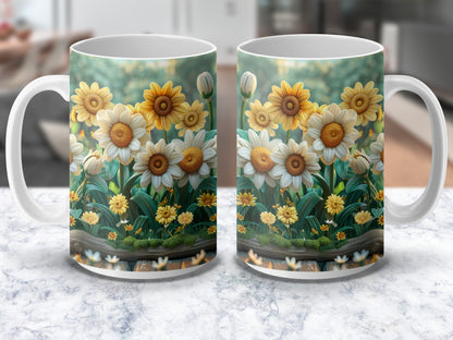 Floral Coffee Mug, Daisy and Sunflower Garden Design, Ceramic Cup, Spring Flowers Tea Mug, Gift Idea, Home Decor
