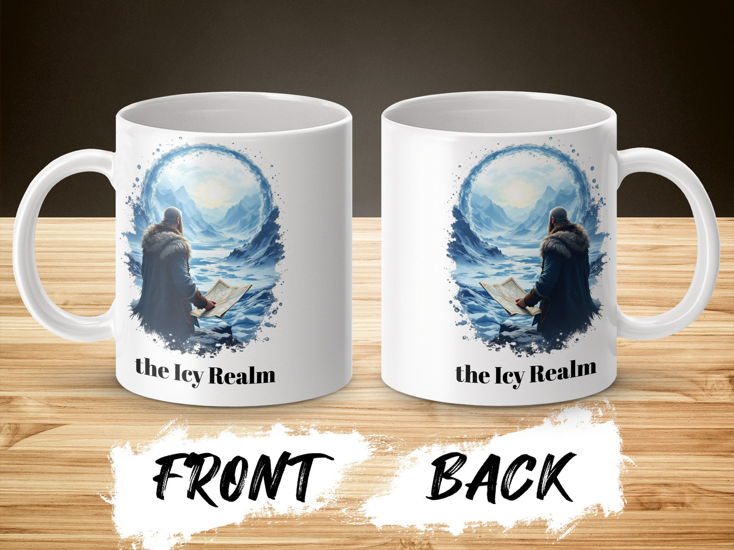 Fantasy Art Coffee Mug, The Icy Realm, Mystical Winter Warrior Scene, Unique Gift for Fantasy Lovers, Double-Sided Print