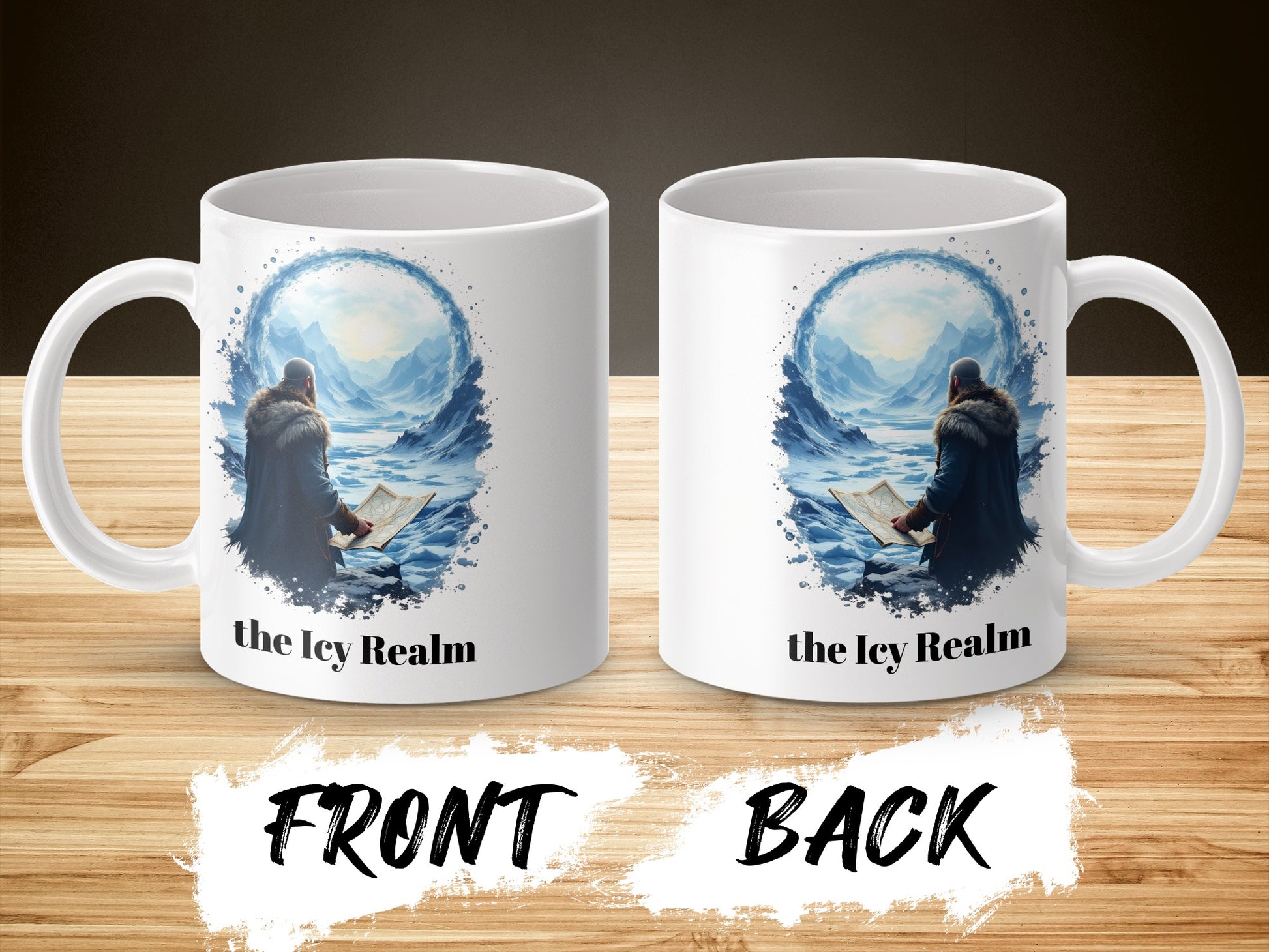 Fantasy Art Coffee Mug, The Icy Realm, Mystical Winter Warrior Scene, Unique Gift for Fantasy Lovers, Double-Sided Print