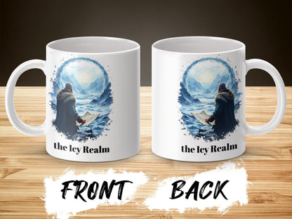 Fantasy Art Coffee Mug, The Icy Realm, Mystical Winter Warrior Scene, Unique Gift for Fantasy Lovers, Double-Sided Print