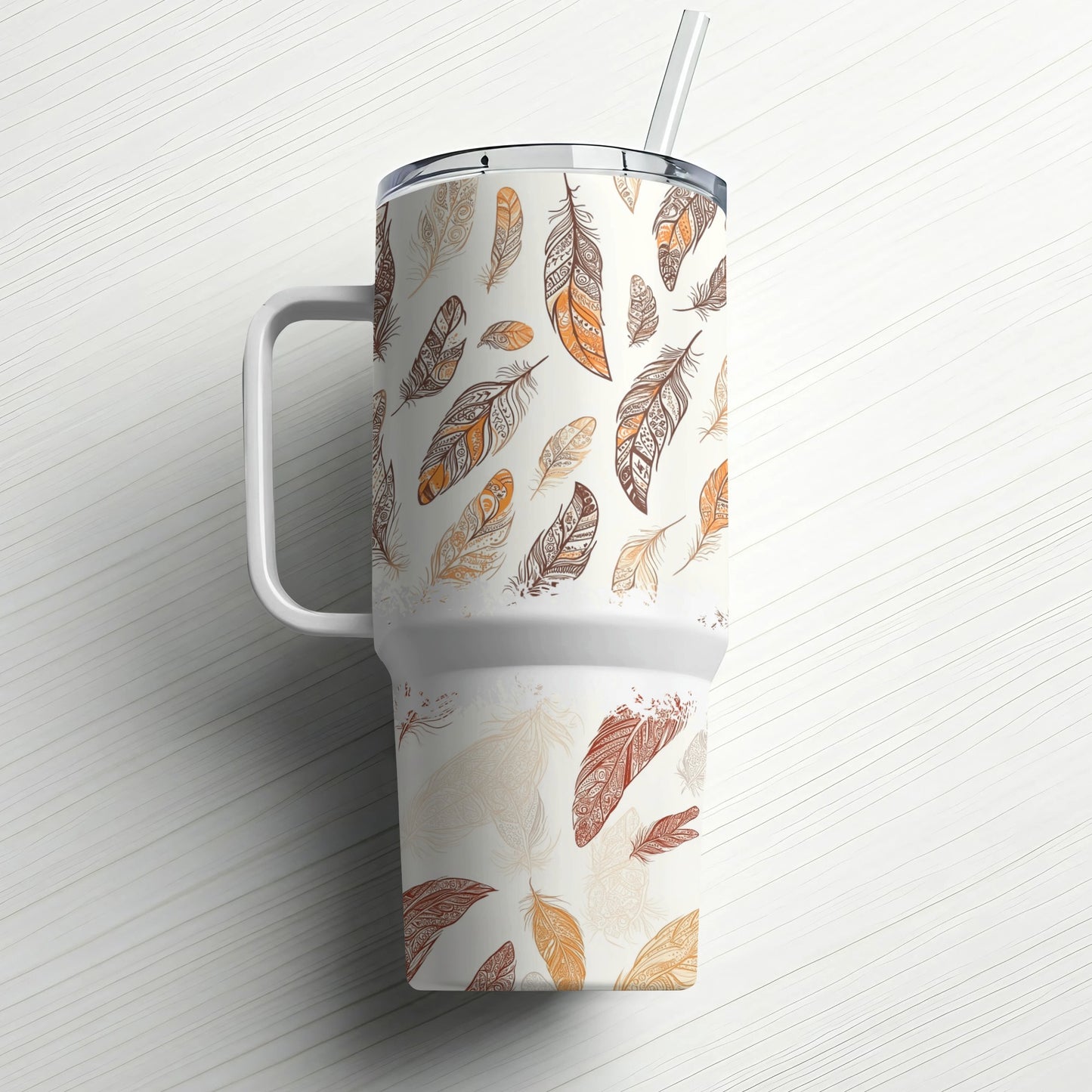 Bohemian Feather Pattern Travel Mug, Insulated Tumbler with Lid, Stainless Steel Coffee Cup, Gift Idea