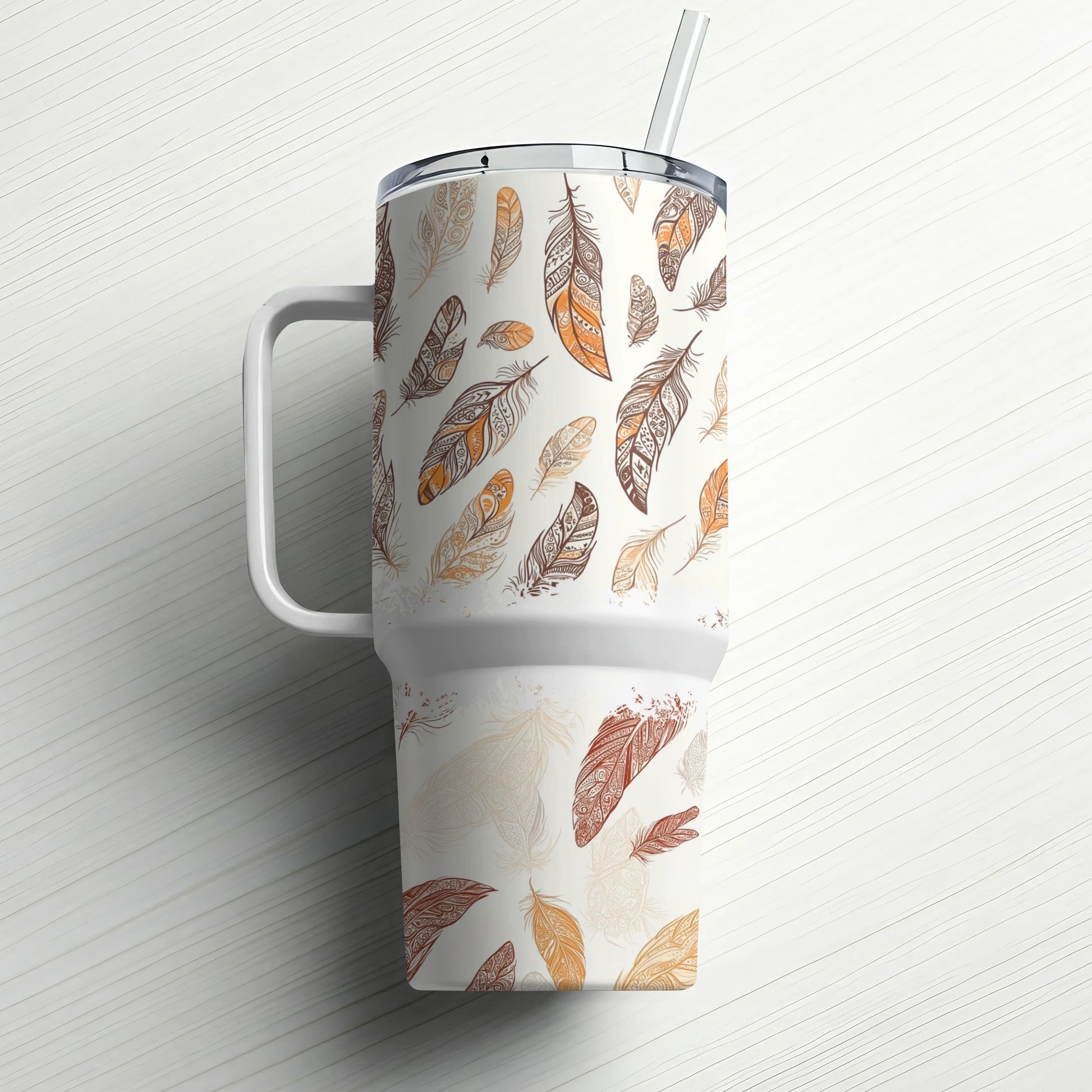 Bohemian Feather Pattern Travel Mug, Insulated Tumbler with Lid, Stainless Steel Coffee Cup, Gift Idea