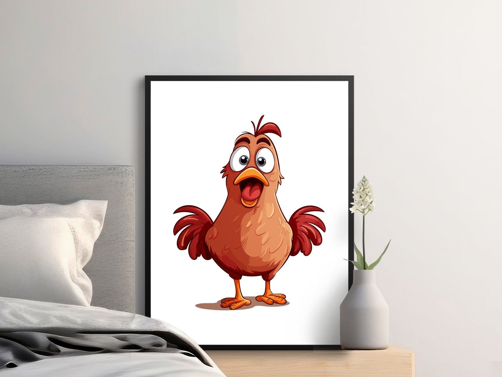 Cartoon Chicken Art Print, Colorful Nursery Wall Decor, Fun Animal Poster for Kids Room, Framed Artwork Ready to Hang
