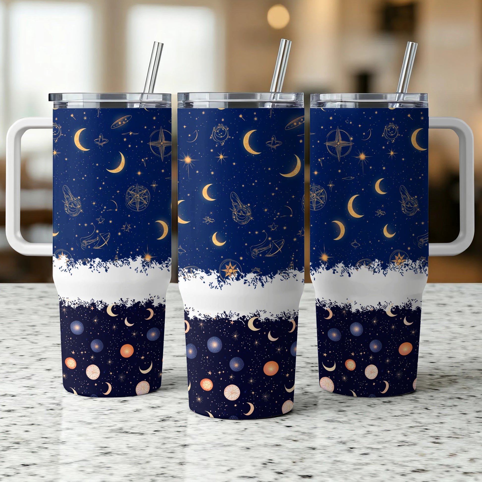 Celestial Tumbler Cups with Lids and Straws, Space Themed Insulated Drinkware, Moon and Stars Pattern, Reusable 20oz Travel Cups