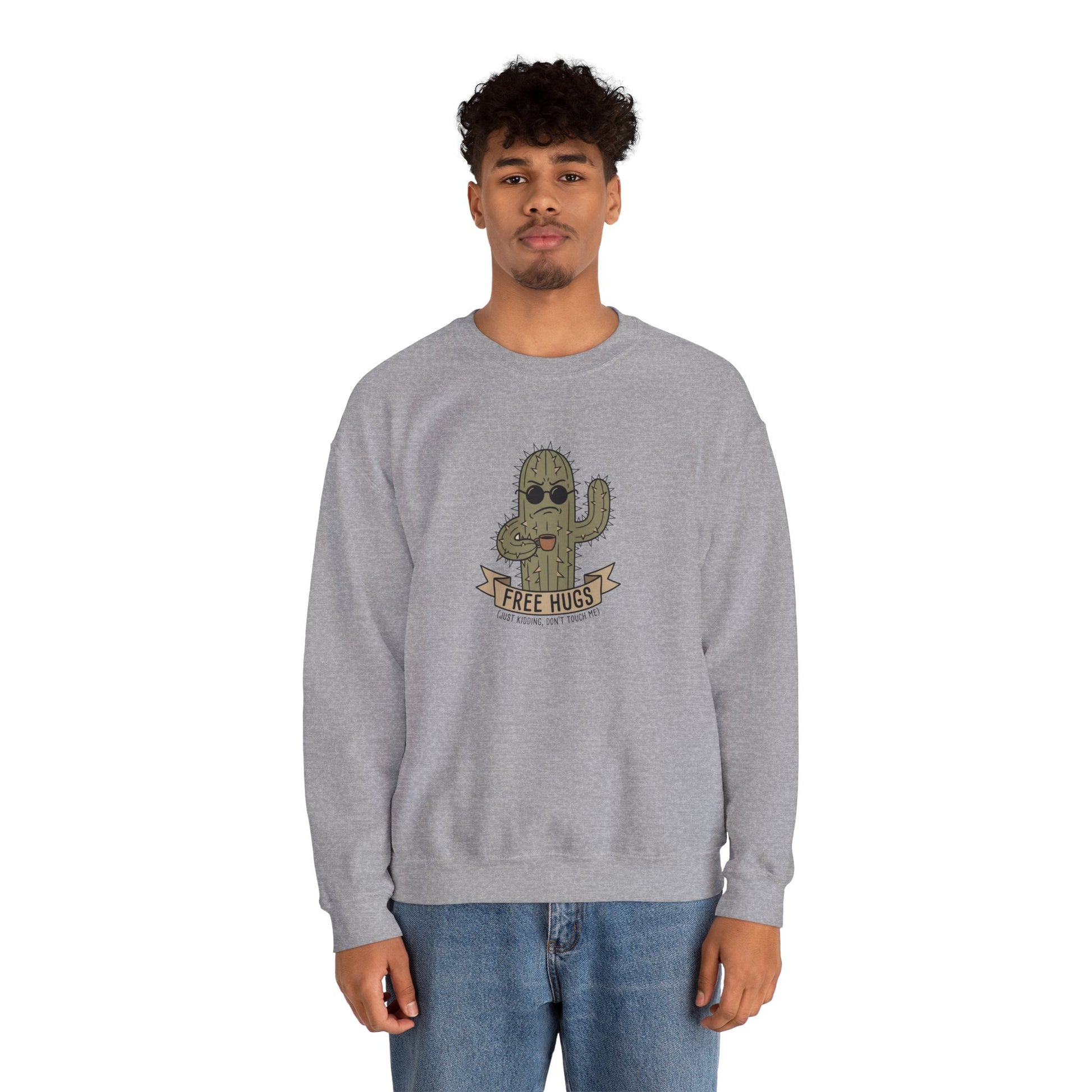 Grey sweatshirt with a cactus wearing sunglasses and a "Free Hugs" banner.