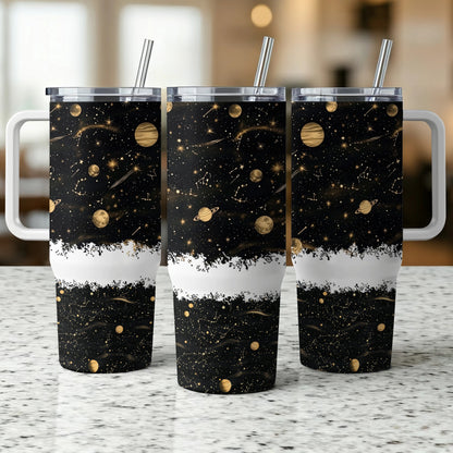 Galaxy Print Tumblers, Stainless Steel Insulated Cups, Celestial Design, Reusable Straws, Set of 3 Tumblers