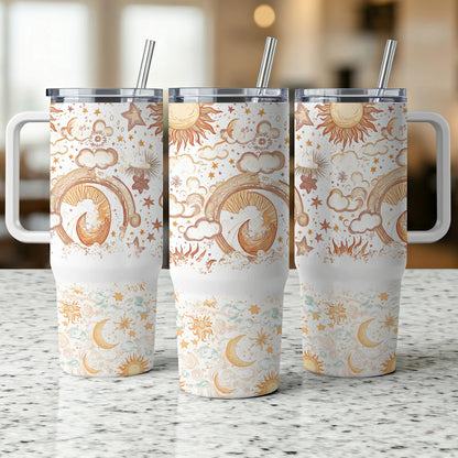 Boho Tumbler Cups with Straws, Celestial Sun and Moon Design, Insulated Travel Mugs, Set of 3