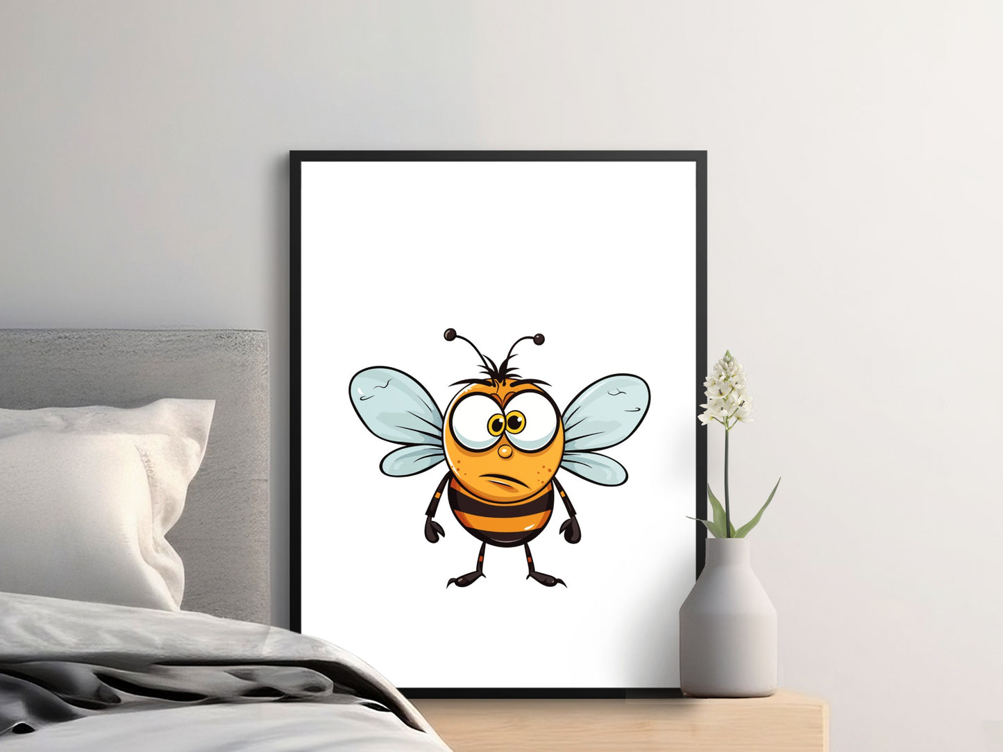 Cartoon Bee Art Print, Vibrant Wall Decor, Colorful Nursery Room Poster, Framed Insect Illustration, Unique Home Gift Idea