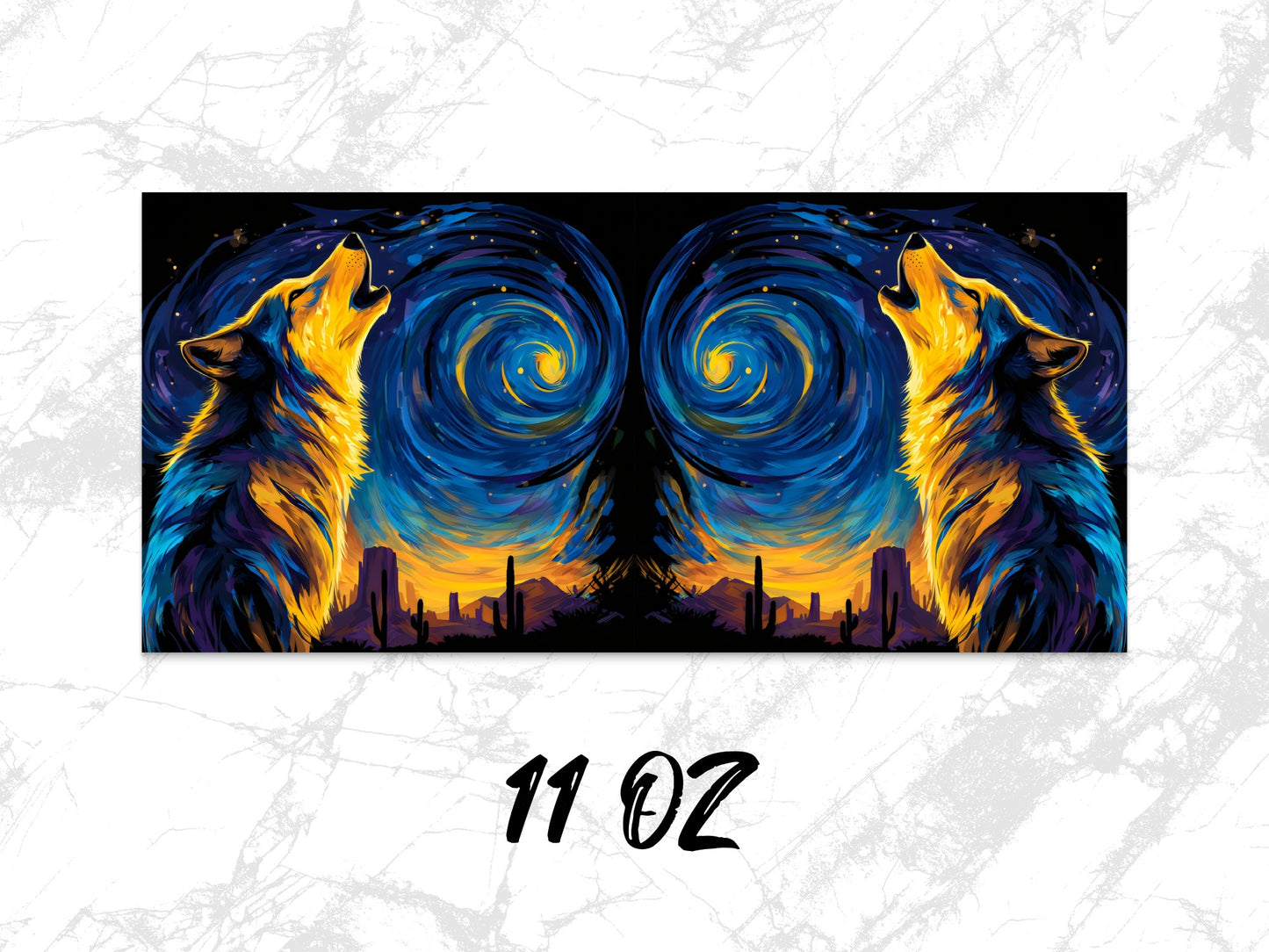 Colorful Wolf Art Coffee Mug, Van Gogh Style Starry Night Wolves, 11 oz Ceramic Cup, Unique Wildlife Artwork Drinkware