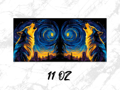 Colorful Wolf Art Coffee Mug, Van Gogh Style Starry Night Wolves, 11 oz Ceramic Cup, Unique Wildlife Artwork Drinkware