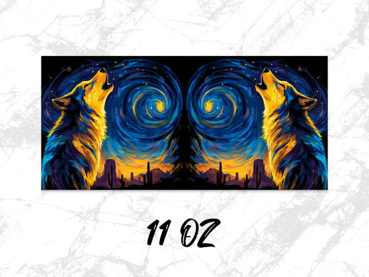 Colorful Wolf Art Coffee Mug, Van Gogh Style Starry Night Wolves, 11 oz Ceramic Cup, Unique Wildlife Artwork Drinkware