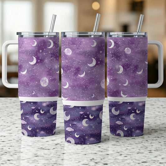 Galaxy Print Tumblers, Stainless Steel Insulated Cups, Purple Space Theme, Moon and Stars Design, With Straws 20 oz Set