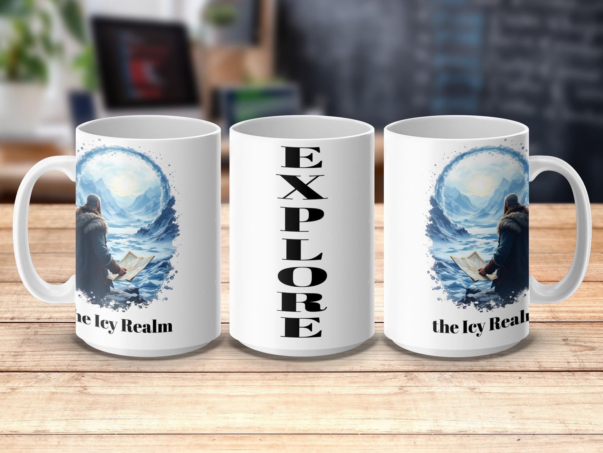 Explore The Icy Realm Mug, Adventure Coffee Cup, Unique Fantasy Art Gift, Inspirational Quote Mug