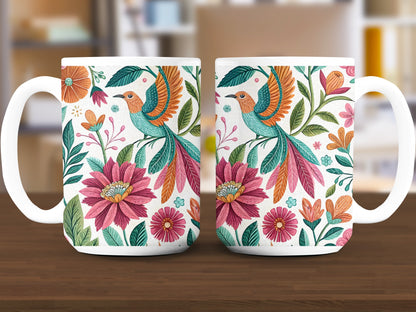 Colorful Floral and Bird Decorated Ceramic Mug product