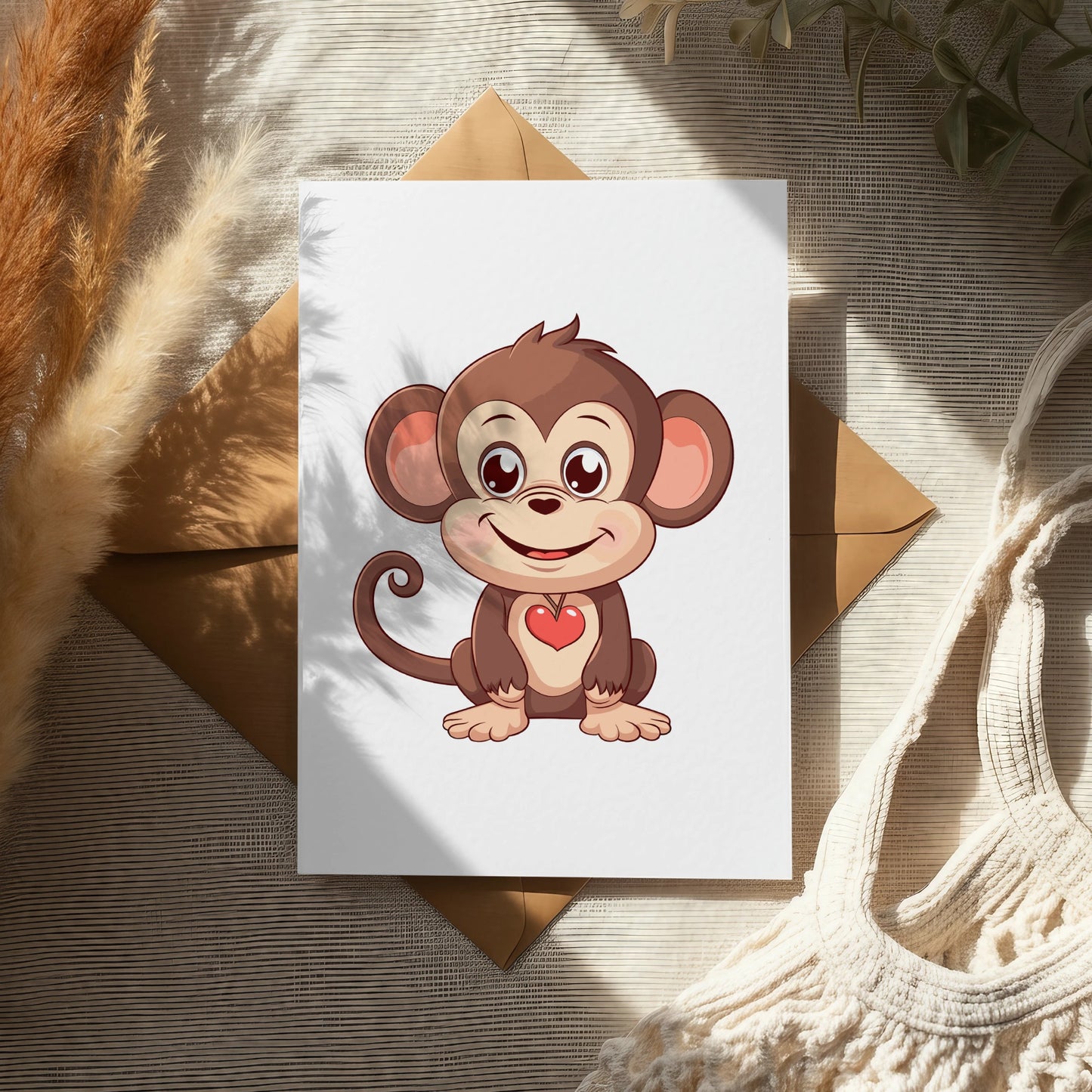 Cute Cartoon Monkey Greeting Card, Animal Themed Love Heart, Kids Birthday Party Invitation Card