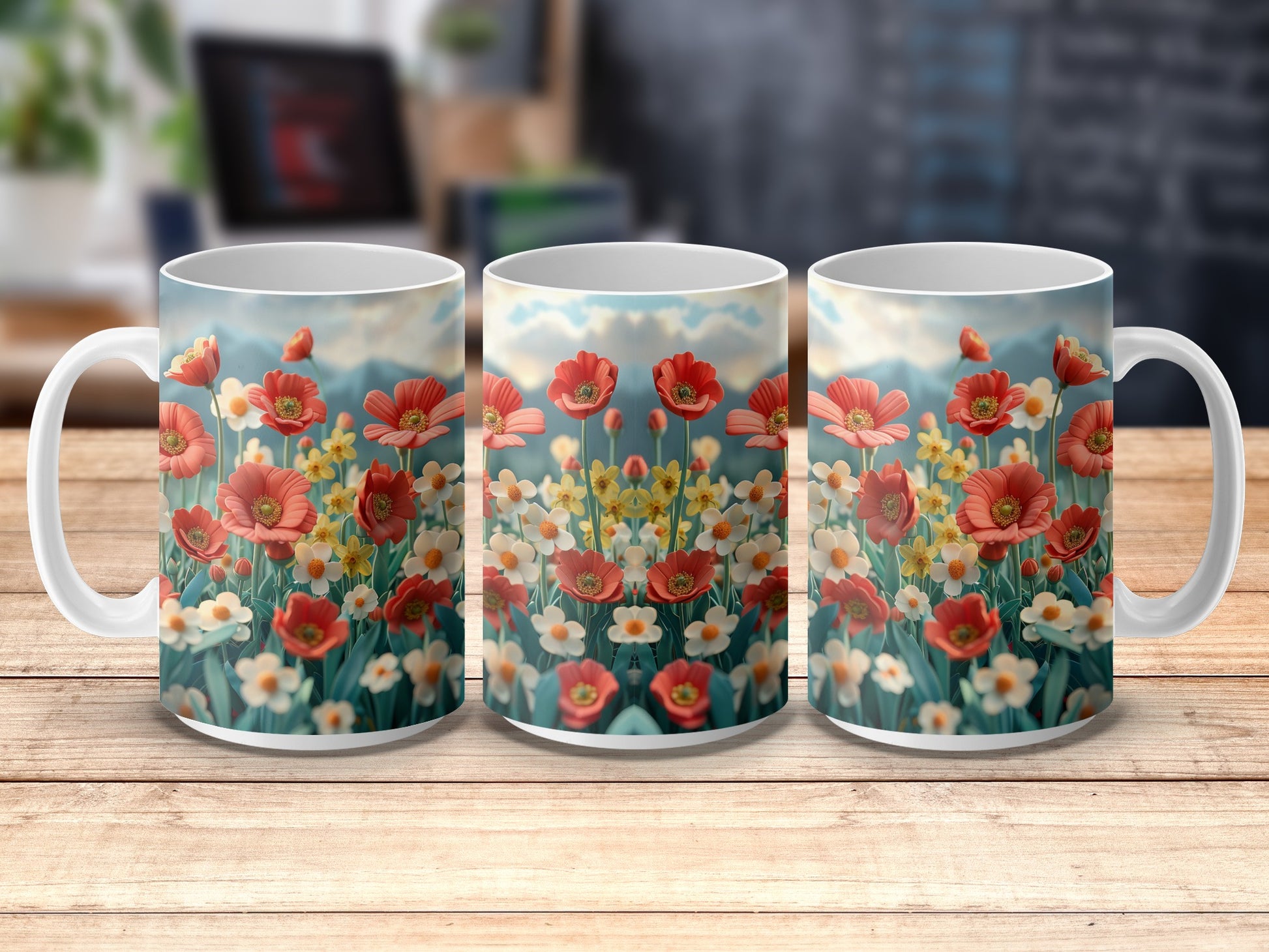Floral Coffee Mugs, Set of 3, Spring Flower Design, Ceramic Cups, Gift Idea, Colorful Daisy and Poppy Print