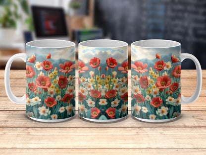 Floral Coffee Mugs, Set of 3, Spring Flower Design, Ceramic Cups, Gift Idea, Colorful Daisy and Poppy Print