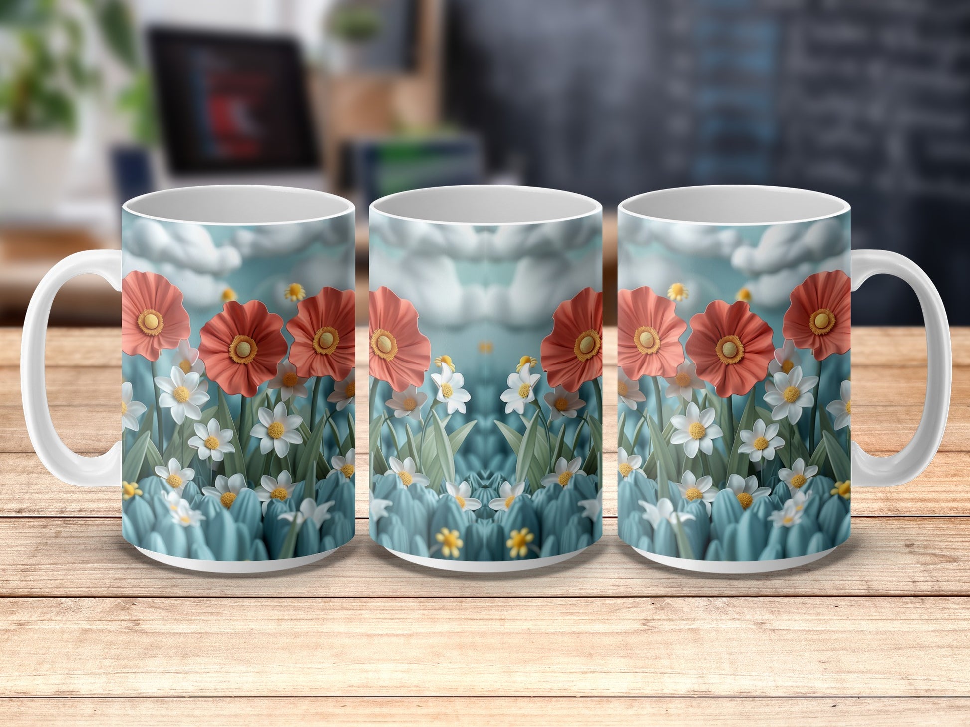 Floral Pattern Coffee Mugs, Set of 3, Red and White Flowers, Blue Background, Ceramic Cups, Kitchen Decor, Gift Idea