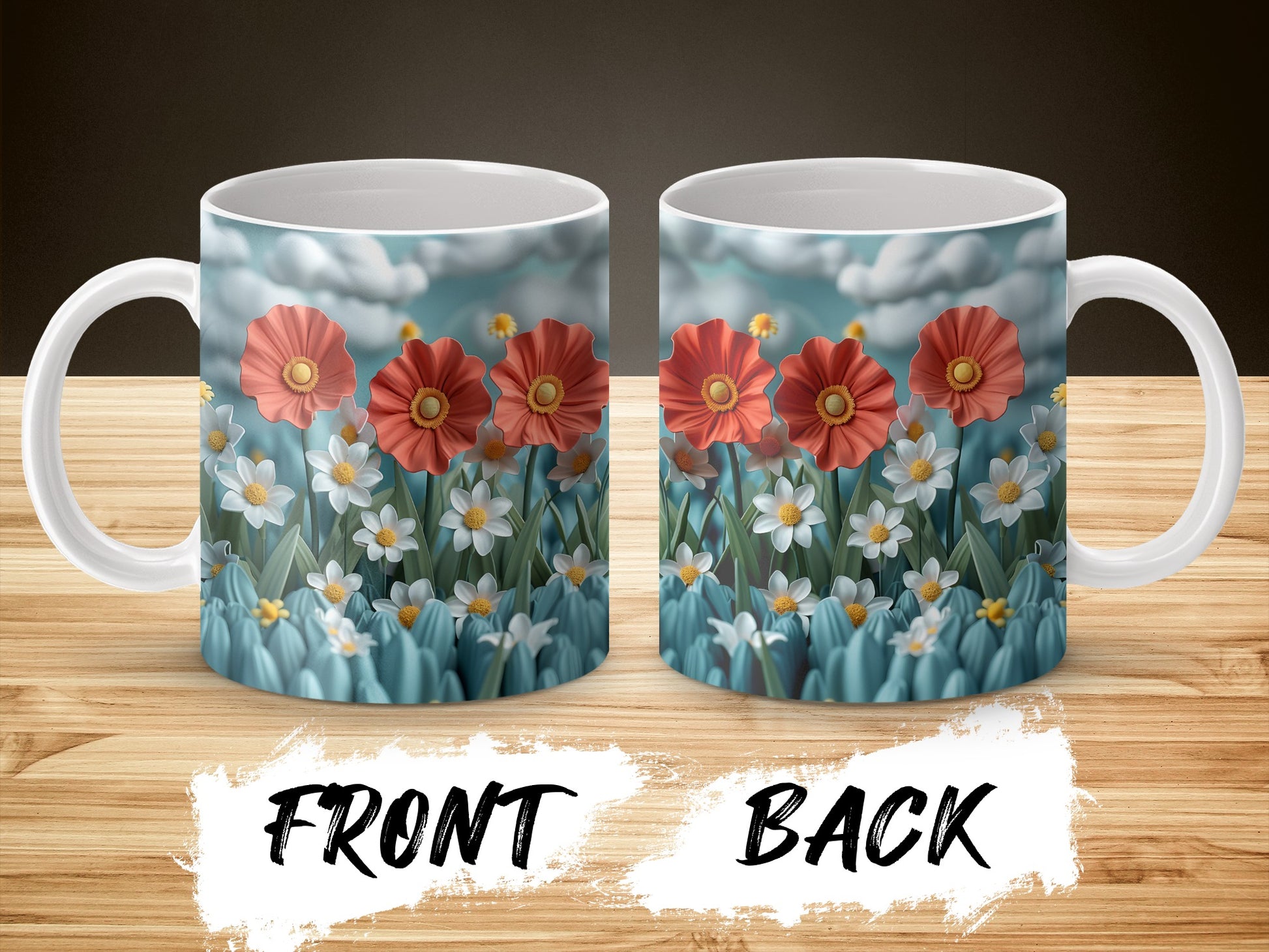 Floral Coffee Mug with Red Poppies and Daisies Design, Ceramic Tea Cup, Unique Gift Idea, Front and Back Design, Kitchen Decor