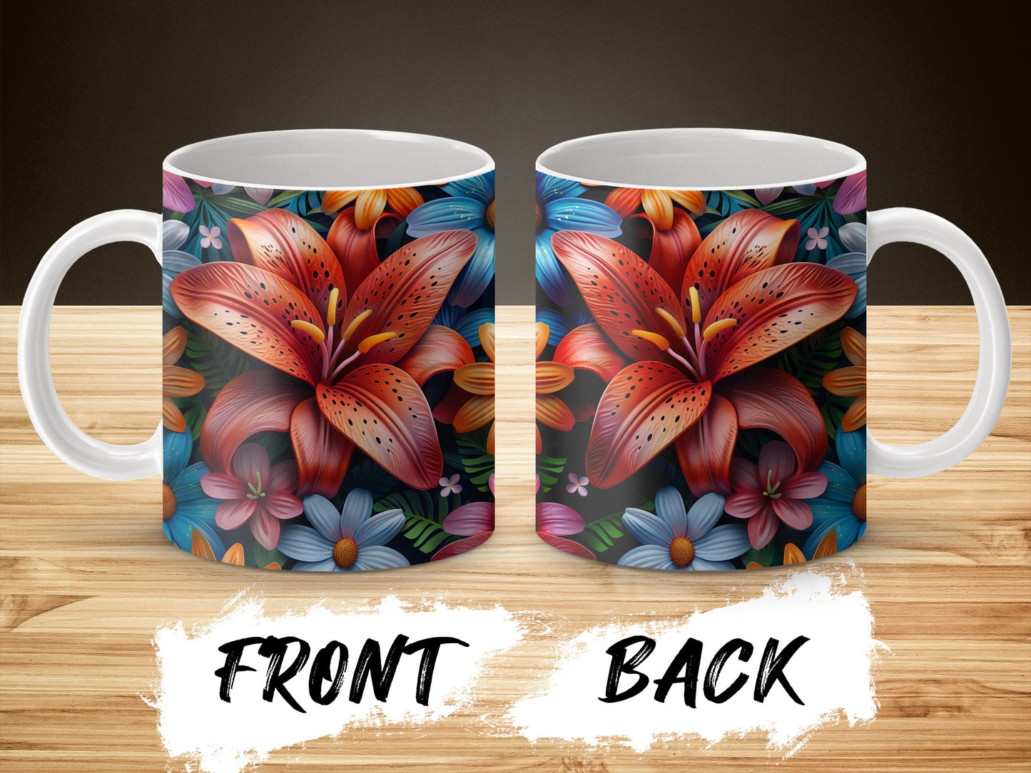 Colorful Floral Mug, Lilies and Daisies Design, Vibrant Kitchen Decor, Unique Coffee Cup Gift, Front and Back Artwork