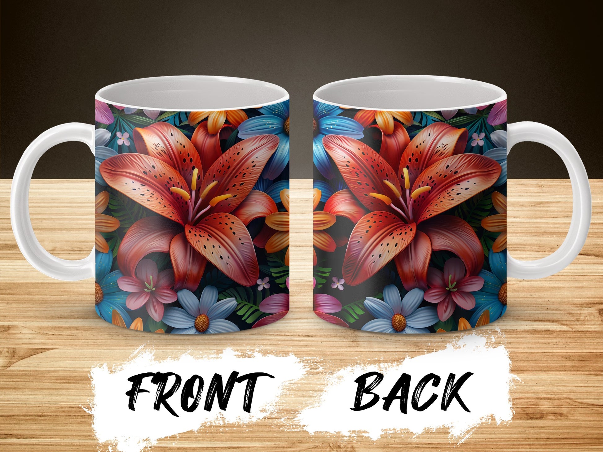 Colorful Floral Mug, Lilies and Daisies Design, Vibrant Kitchen Decor, Unique Coffee Cup Gift, Front and Back Artwork