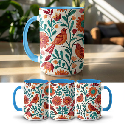 Vibrant Floral and Bird Pattern Mug Artistic Product