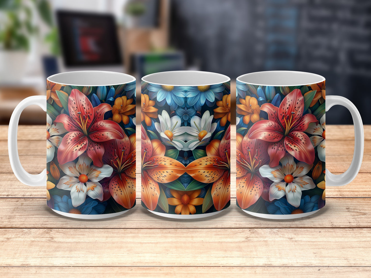 Floral Coffee Mug Set, Colorful Lily and Daisy Print, Ceramic Tea Cups, Kitchen Decor, Gift Idea