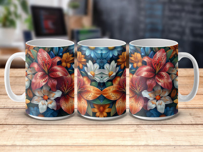 Floral Coffee Mug Set, Colorful Lily and Daisy Print, Ceramic Tea Cups, Kitchen Decor, Gift Idea