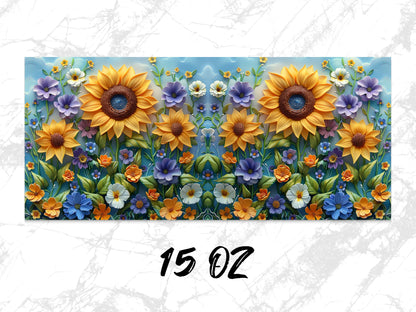 Colorful Sunflower and Mixed Floral Design 15 Oz Coffee Mug, Bright Kitchen Decor, Unique Flower Print Drinkware