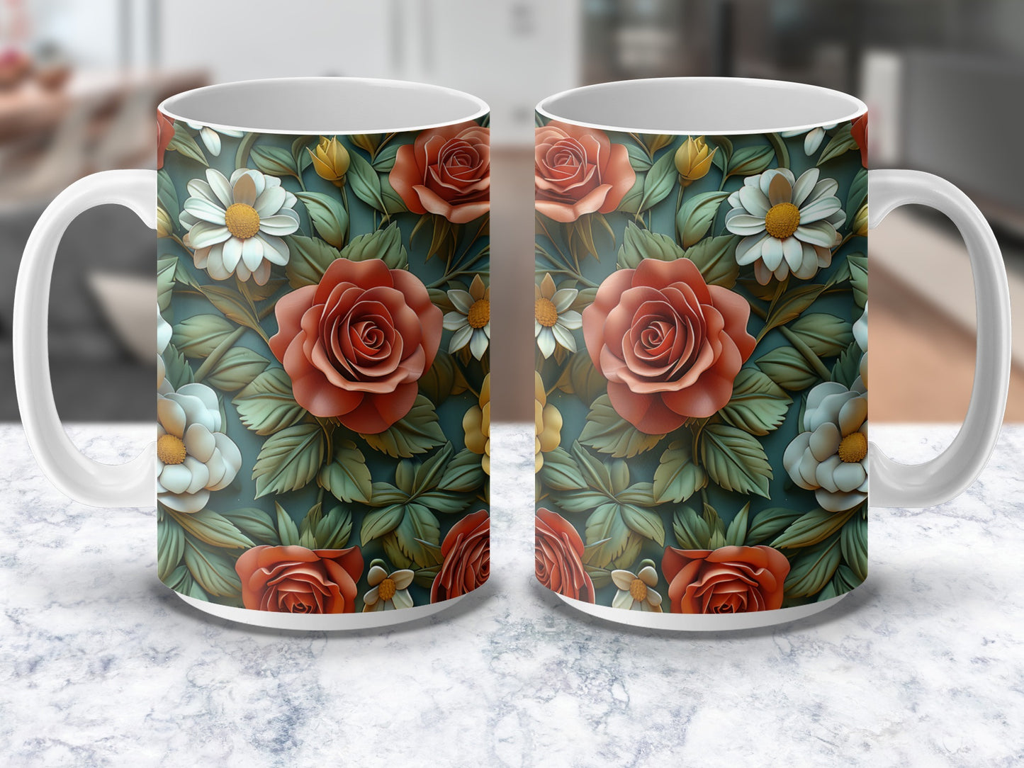 Floral Coffee Mugs, Vintage Rose and Daisy Pattern, Elegant Tea Cups, Set of Two, Unique Kitchenware, Gift Idea