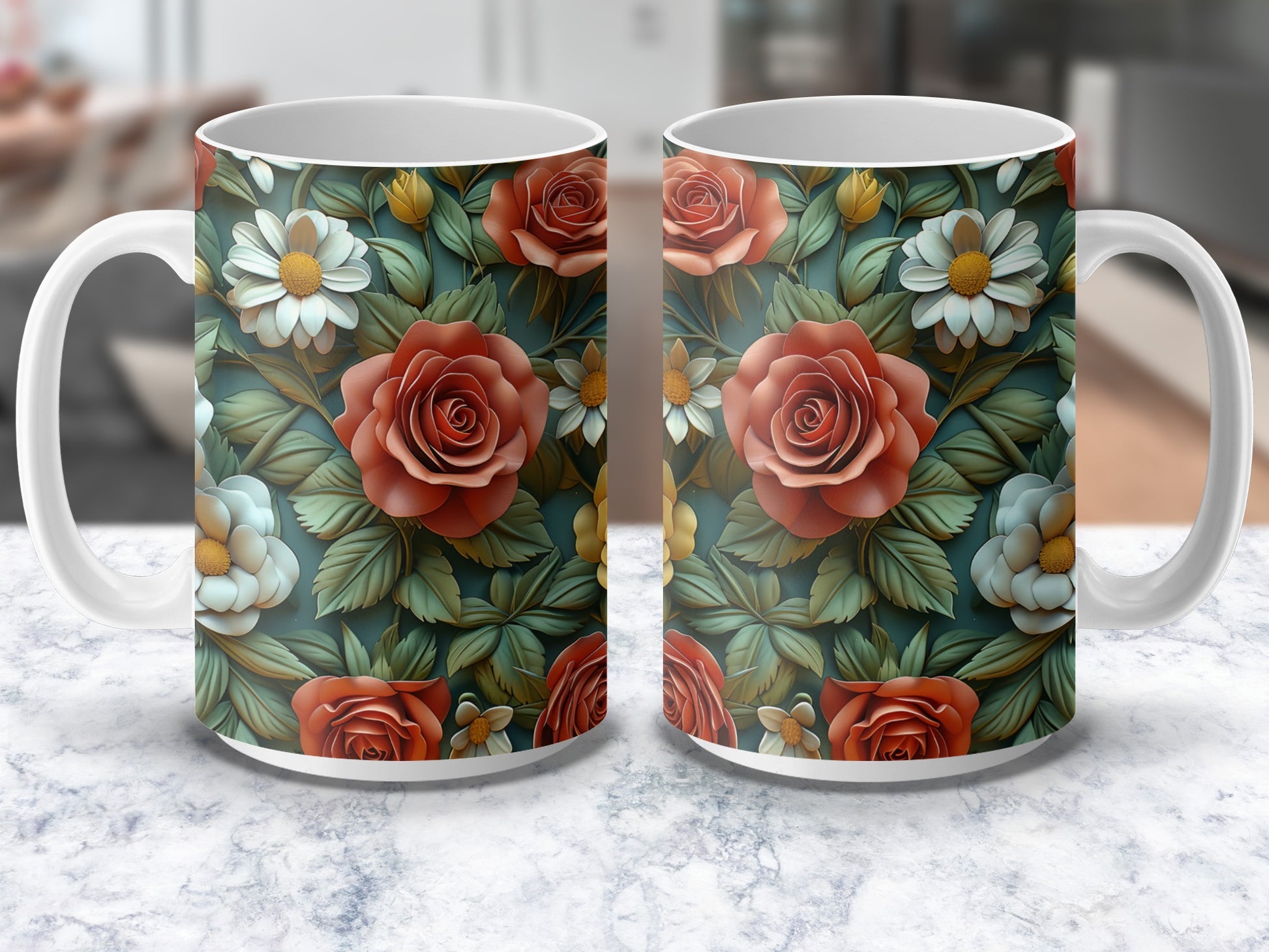 Floral Coffee Mugs, Vintage Rose and Daisy Pattern, Elegant Tea Cups, Set of Two, Unique Kitchenware, Gift Idea