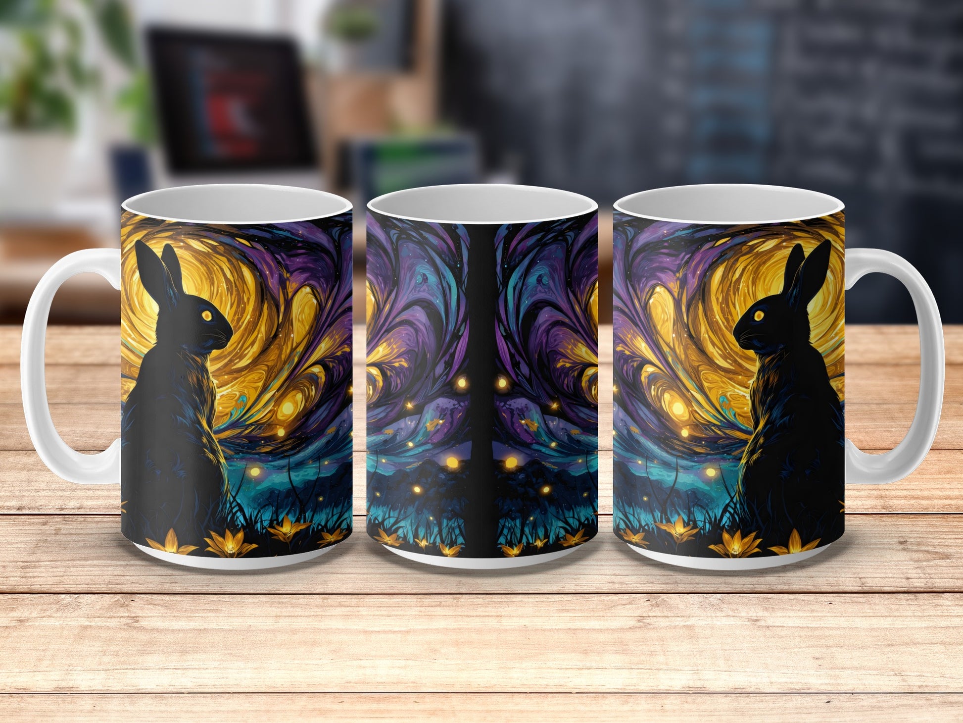 Mystical Bunny Coffee Mug, Starry Night Whimsical Rabbit, Artistic Drinkware, Unique Gift Idea