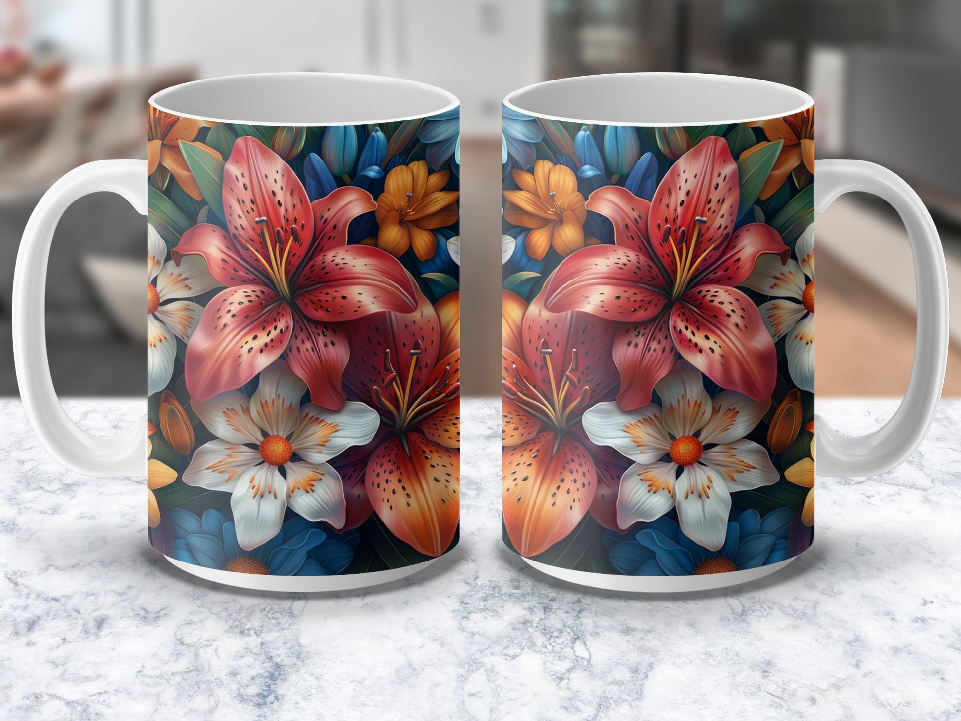Floral Coffee Mug Set, Vibrant Lily and Daisy Print, Kitchen Decor, Gift Idea, Colorful Ceramic Cups, Twin Pack