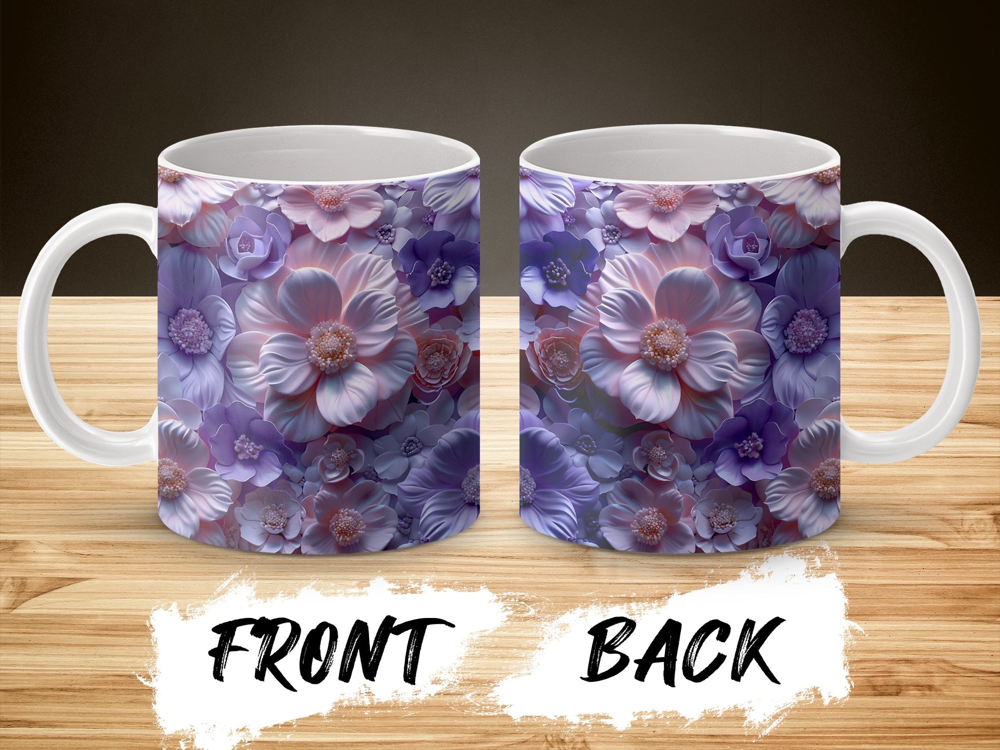 Floral Coffee Mug Purple Flowers Design Gift Idea Dual-Sided Elegant Ceramic Cup