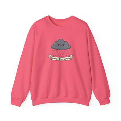 Pink sweatshirt with a grumpy cloud raining and text "Sunshine is Overrated Anyway".