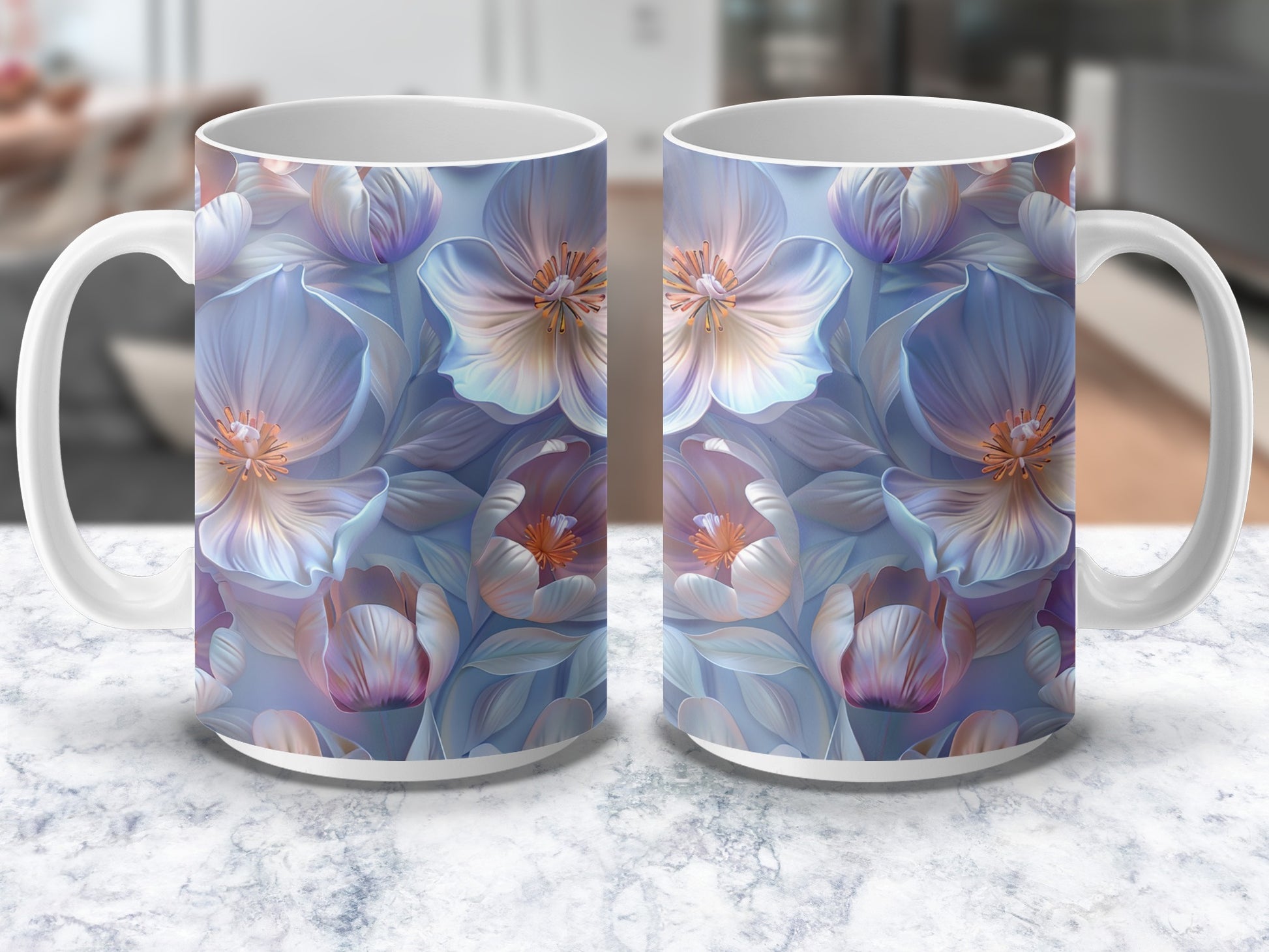 Floral Ceramic Mugs, Blue and Purple Flower Print, Elegant Coffee Cups, Gift Idea, Set of 2